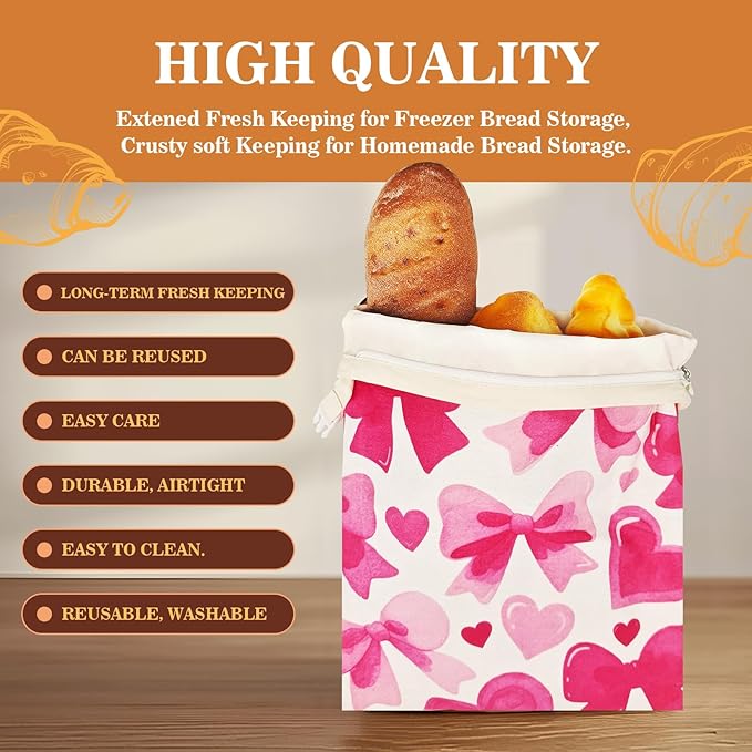 Beeswax Bread Bags for Sourdough 2 Pack 13"x17" Eco-Friendly Reusable Linen Cotton Storage Bags with Zipper Closure for Homemade Bread Fresh-Keeping, Freezer-Safe (Heart bow)
