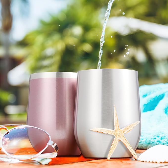 COMOOO Rose Gold Stainless Steel Wine Tumbler Bulk with Lid and Straw 12oz Double Wall Vacuum Insulated Travel Tumbler Cup for Coffee Wine Cocktails Ice Cream Cup (Rose Gold, 6 pack)