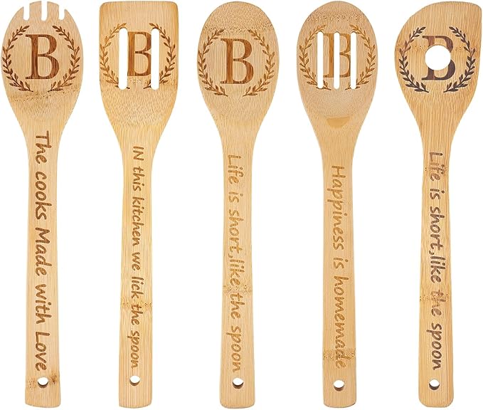 5PCS Initial Wooden Cooking Spoons Initial Letter Kitchen Decor Gifts Personalized Monogrammed Birthday Gifts for Women Mom Friend Housewarming Wedding Bamboo Cooking Spoons