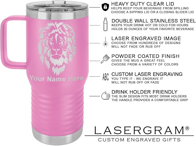 LaserGram 20oz Vacuum Insulated Travel Mug with Handle, Tiki Statue, Personalized Engraving Included (Light Purple)