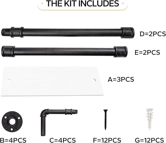 3-Tier Industrial Pipe Floating Shelf – Rustic 24 inch Wood Wall-Mounted Storage Shelf for Kitchen Office,Bathroom & Home Decor -White