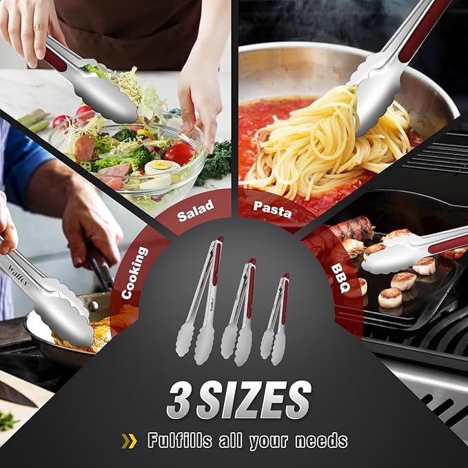 Walfos Stainless Steel Kitchen Tongs - 7, 9 & 12 Inch Heavy Duty Locking Metal Tongs for Cooking, BBQ Grilling, Set of 3 Non-Slip Grip (Wine Red)