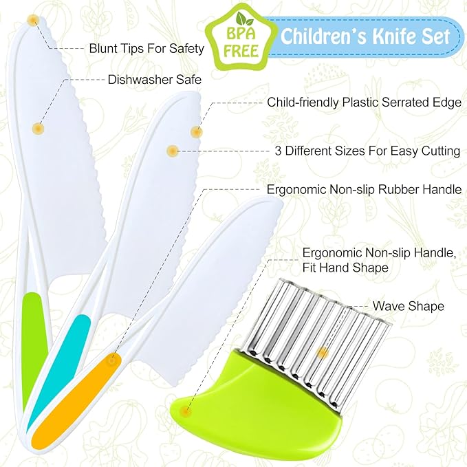 4 Pcs Kids Knife Set, Kids Kitchen Knife with Crinkle Cutter, Serrated Edges Plastic Toddler Chef Knife for Real Cooking & Cutting Fruit Bread