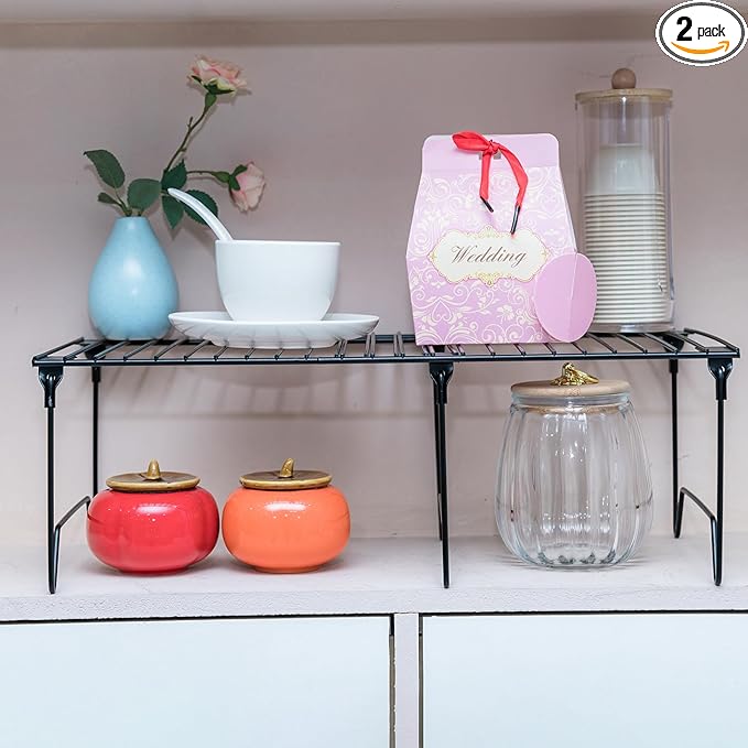 1/2-Piece Set cabinet organizer shelf,kitchen counter shelf,Foldable Pantry Shelf,Plate, Dish,Rustproof Metal Storage Organizer (2, Black)