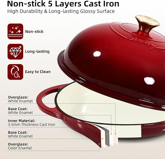 Davivy 6QT Oval Bread Dutch Oven with Silicone Baking Mat, Enameled Cast Iron Dutch Oven for Sourdough Bread Pan 6QT, Cast Iron Bread Cloche Sourdough Pan with Domed Lid - Ruby Red