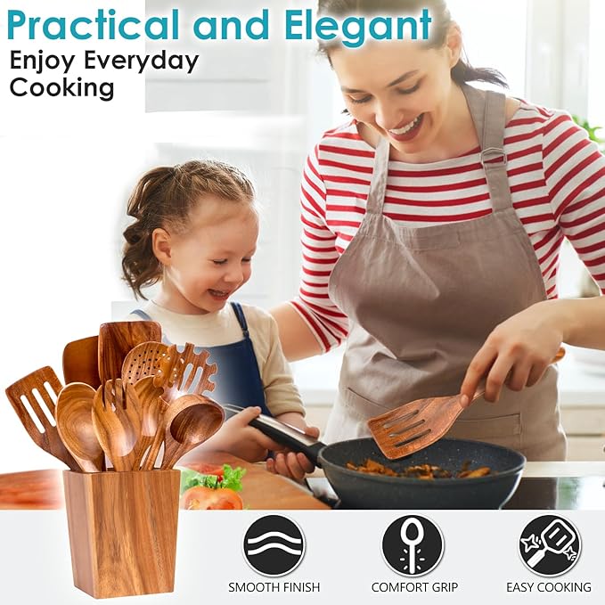 Wooden Spoons for Cooking, 11-Piece Natural Acacia Wood Cooking Utensils Set – Wooden Kitchen Utensils with Holder Spoon Rest, Nonstick Safe Non-Toxic Wooden Cooking Tools by HOWHONG