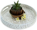 CLAYNIX Serving Tray 12.5 Inch, Lacquer Mother of Pearl Inlay Mosaic Tray, Round Wooden Marble Tray with Handles Trays for Tea, Breakfast (White)