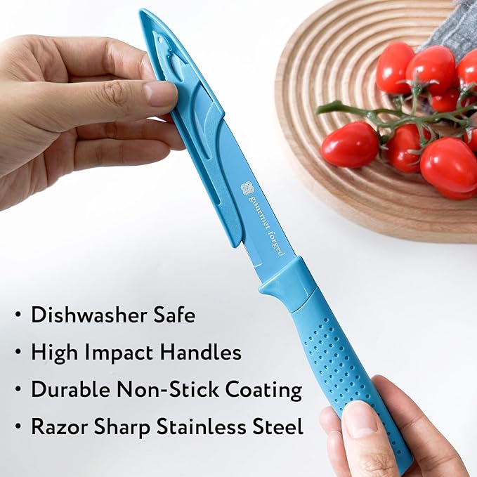 ColorSlice 3 PC Color-Coded Paring Knife Set. 5" Fruit Knife, 3.5" Paring, 3" Bird Beak Hook Peeler Curved Non Stick Dishwasher Safe Knives Sharp Stainless Steel Anti Rust