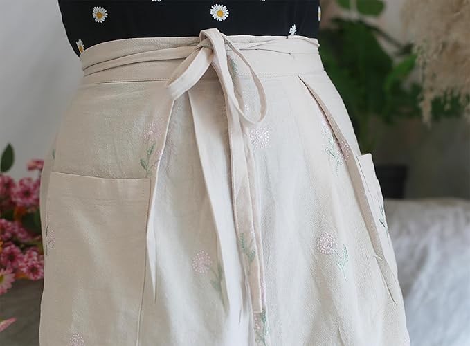 Cotton Long Bistro Half Apron for Woman, Big Pockets, Embroidered Flower, Extra Long Waist Ties, Cook Chore Waitress