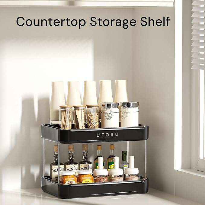 Countertop Coffee Station Organizer, 2 Tier Wine Glass Holder, Mug Display Shelf with Removable Drain Tray, Spice & condiment Rack for Kitchen, Bathroom Countertop Organizer, Black