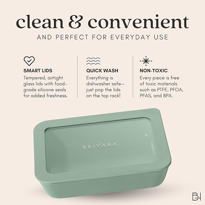 Ceramic Coated Glass Food Storage Container | No PTFE, PFOA, PFAS, and BPA | Reusable Non Toxic Meal Prep Container with Glass Lid | Easy To Store | 3 Cup Rectangle [Willow]