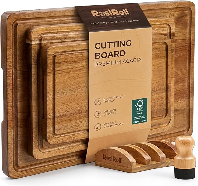 Acacia Wood Cutting Board for Kitchen, 3 Set with Holder - FSC Certified Large Wood Charcuterie Cheese Board with Handles and Juice Grooves, Wooden Chopping Block, Ideal Gift Set of 3 (S/M/L)