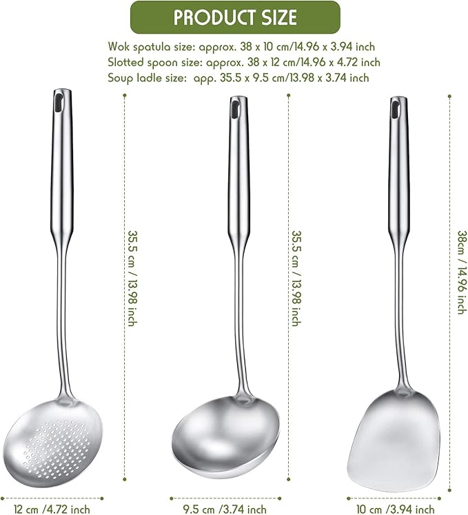 Patelai 3 Pcs 15in Wok Spatula and Ladle, 304 Stainless Steel Wok Utensils All Metal, Utensils Skimmer Ladle Tool Set for Carbon Steel Cooking Baking