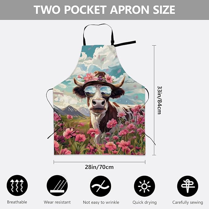 Stylish Cow Apron, Adjustable Kitchen Cute Cows and Pink Flowers Aprons with Pockets for Cooking BBQ Gardening, 28×33 IN, Holiday Gifts for Women Mom Wife, for Chef Baking, Oxford Fabric