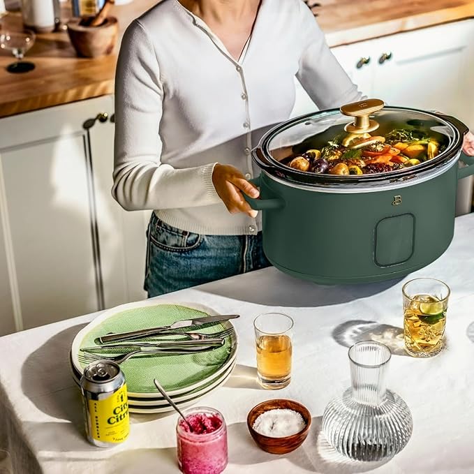 Beautiful 6 Qt Programmable Slow Cooker with Touch Control, Digital Timer and Keep Warm Function – Large Electric pot Capacity Kitchen Appliance by Drew-Barrymore (Thyme Green)
