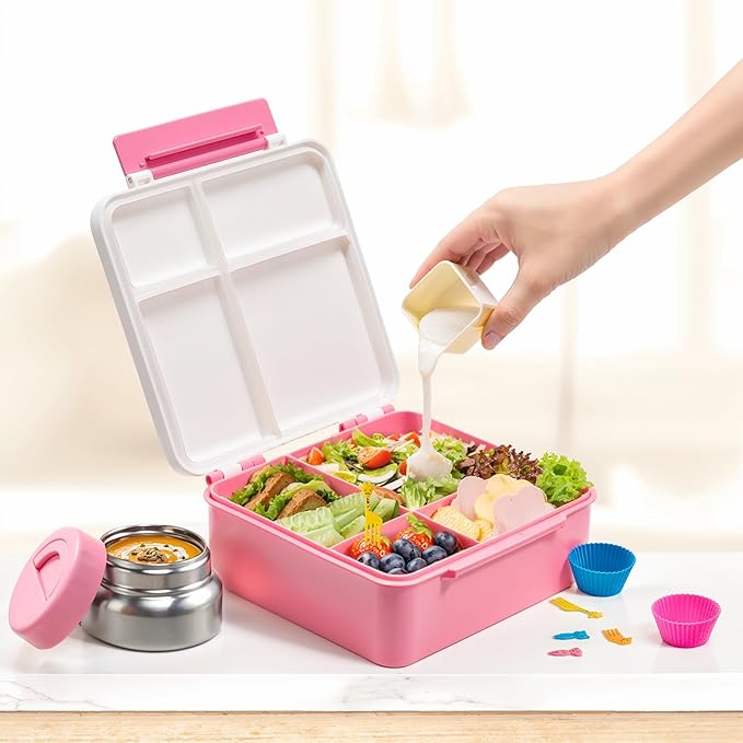 JSLOVE Bento Lunch Box with Leak Proof Thermos Food Jar for Kids, Food Lunch Containers for Girls with 4 Compartments, BPA-Free with Utensils, Food Picks, Sauce Jar & Silicone Lunch Box Dividers