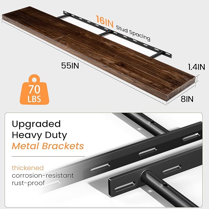 Fun Memories 55" Floating Shelves for Wall, Rustic Solid Elm Wood Floating Shelves - Invisible Bracket Mount, Extra Long Wall Mounted Shelf for Living Room, Bathroom, Bedroom, Kitchen, Walnut