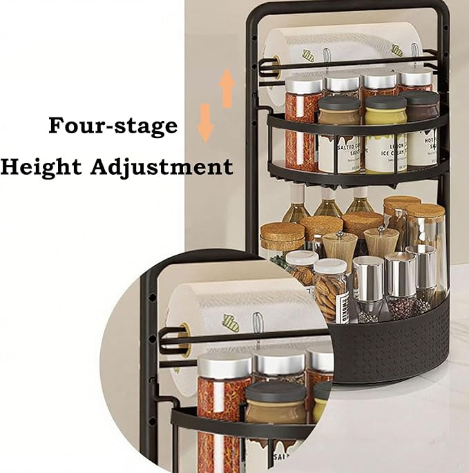 JEESA Lazy Susan Organizer, 360° Rotating Metal Spice Rack with Paper Towel Holder, Turntable Spice Holder for Condiments, Bottles, Jars, Suit for Kitchen Countertop & Cabinet, Black