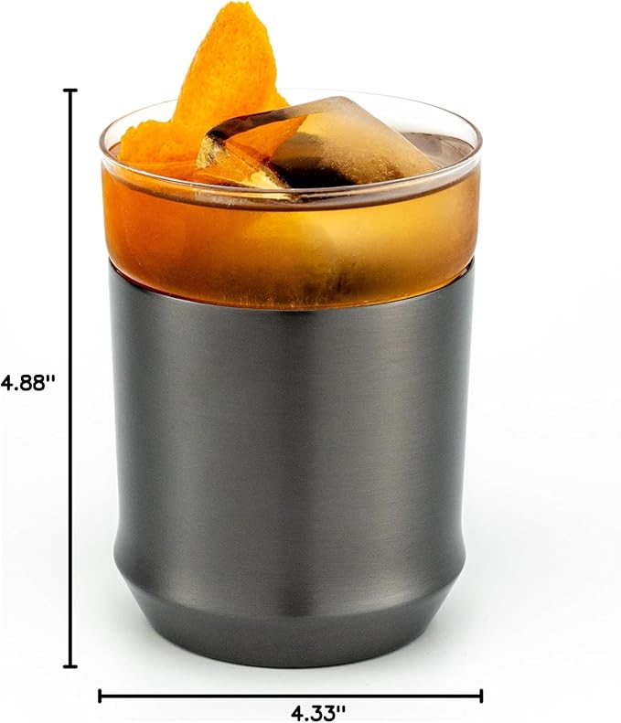 Elevated Craft Hybrid Cocktail Glass Premium Vacuum Insulated Steel Base with Removable Insert - 12oz Rocks Glass, Double Old Fashioned Lowball for Bourbon, Whiskey - Gunmetal Black