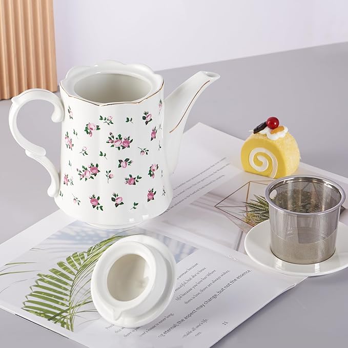 Vintage Floral Tea pot with Infuser, 33oz, Ceramic Teapot with Tea Strainers for Loose Leaf Tea, Rose Teapots for Tea Party