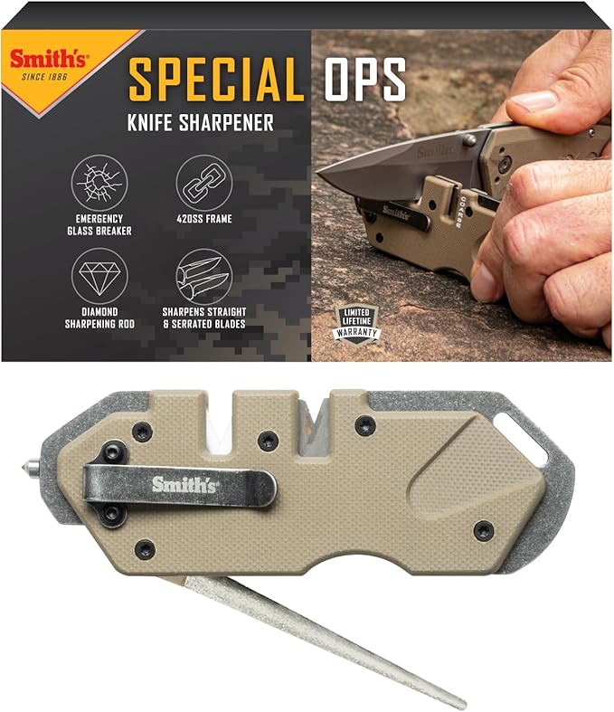 Smith’s Pocket Pal Tactical Knife Sharpener - 2 Stage Sharpener & Diamond Sharpening Rod - Pocket Clip - Outdoor Hunting Knife & Hook Sharpener - Compact & Lightweight