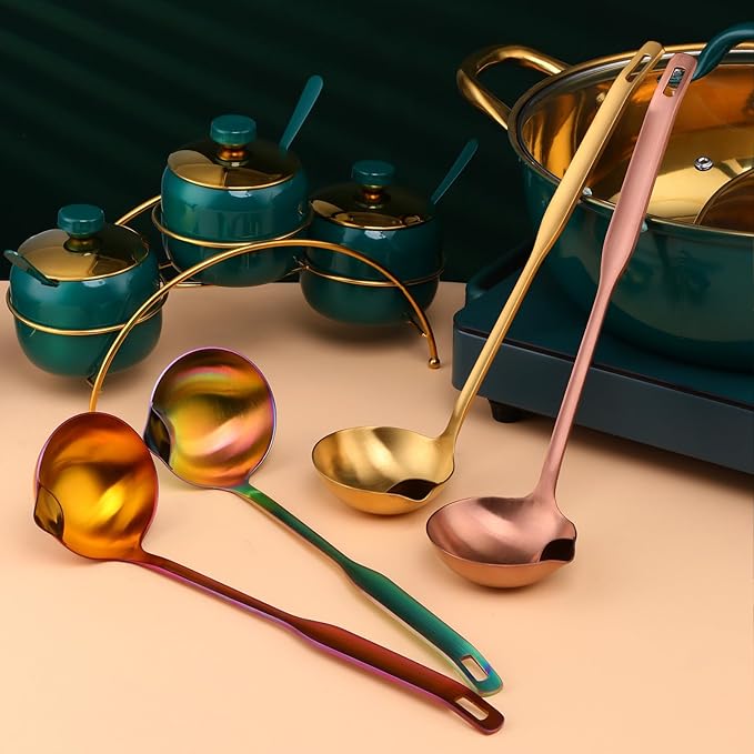 Metal Soup Ladle with Tilted Mouth，2 Piece Fat Multi-Purpose Separator Oil Strainer Serving Spoon Set for Kitchen Restaurant Cooking Hotpot Gold