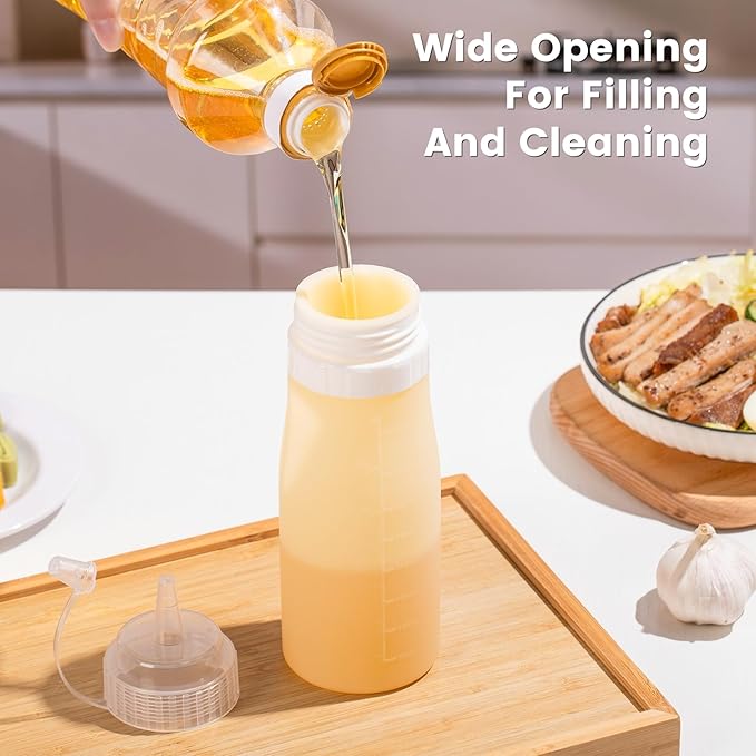 Condiment Squeeze Bottles, 16 oz Silicone Squeeze Bottles For Sauces, Leak Proof Condiment Containers with Extra Interchangeable lid, Easy Squeeze for Oil, Honey & Dressings, BPA FREE (4 Pack)