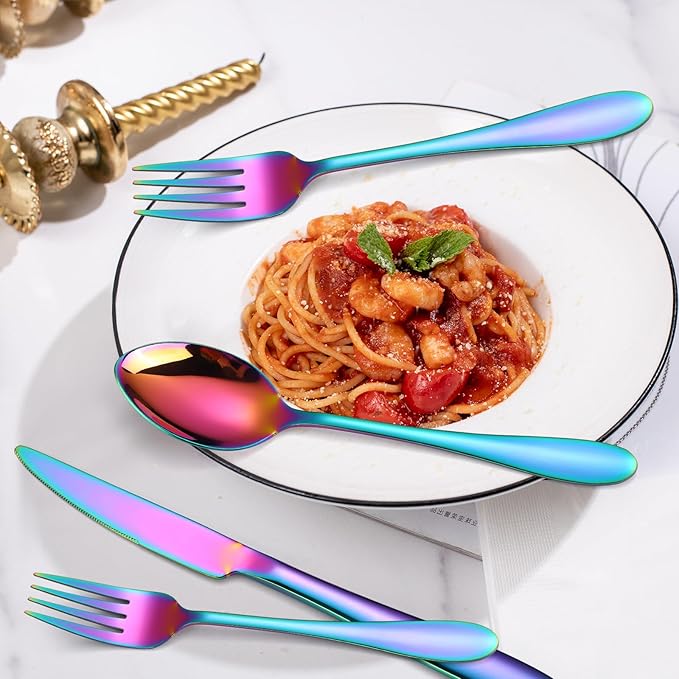 Iridescent Silverware Set Rainbow Flatware Service for 8 Stainless Steel Cutlery 40 Pieces Heavy Forks and Spoons Knives for Wedding Parties Resturant Everyday Use