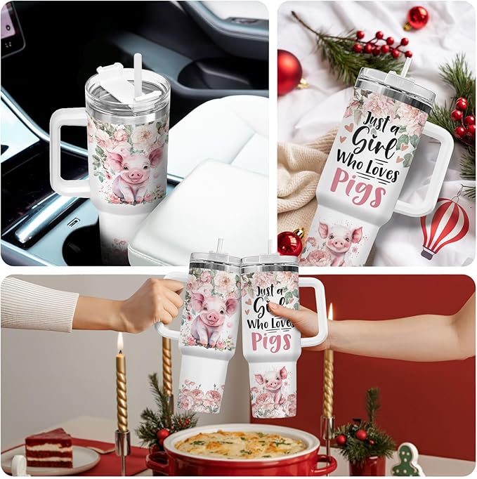 34HD Pig Tumbler with Handle & Straw, 40oz Just A Girl Who Loves Pigs Coffee Mug, Pig Lover Gifts for Birthday Christmas, Farm Animal Gifts for Women