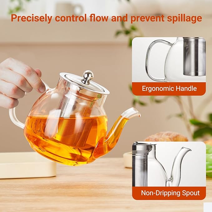 1100ml Glass Teapot with Removable Infuser,37oz Borosilicate Clear Tea Kettle,Stovetop Microwave Safe,Blooming and Loose Leaf Tea Maker Gift