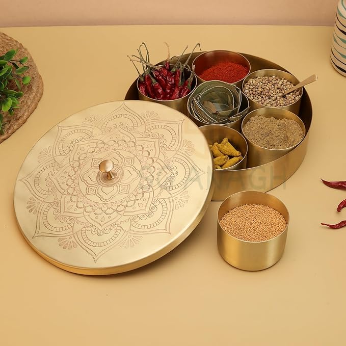 Brass Round Spice Box Masala Dabba-Spice Box Set With Spoon Container 90 ML Indian Masaladanni for Kitchen Counter With Spoon (Floral, 7 Inch)