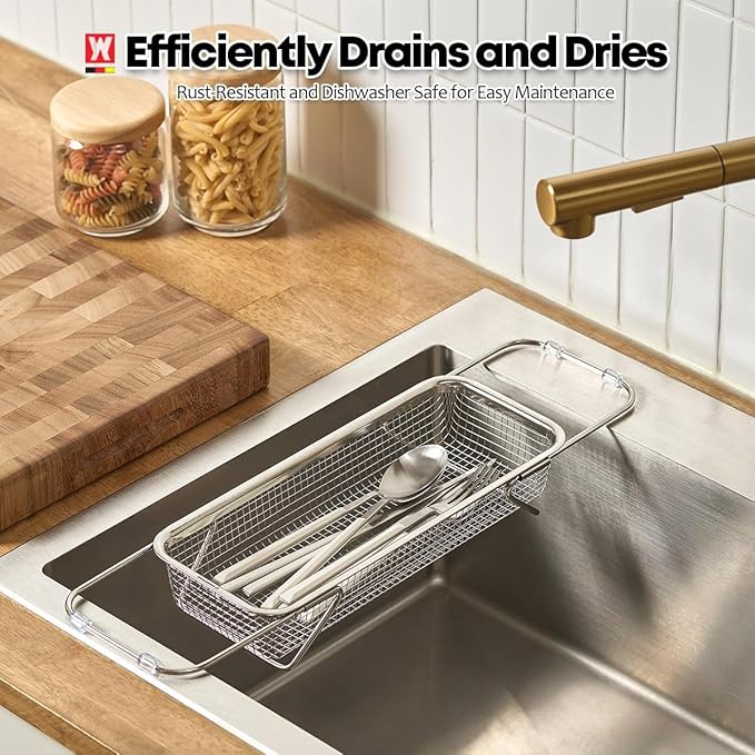 Extendable Dish Rack with Feet, Vegetable Colander Basket, Stainless Steel Dish or Silverware Drying Rack, Ultimate Kitchen Organizer Over The Sink (12.40 x 5.12 x 2.36 Inches)
