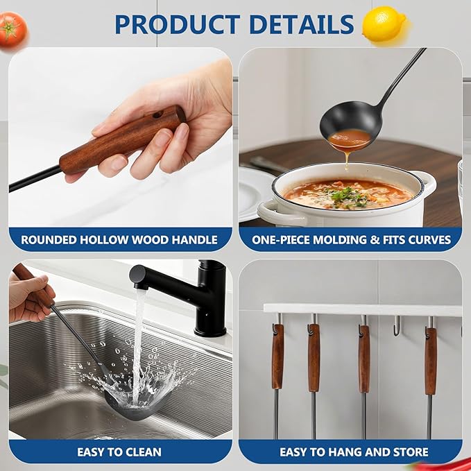 304 Stainless Steel Kitchen Utensils Set, 4 Pcs Long Cooking Utensils Set with Wooden Handle, Large Heat Resistant Kitchen Tools(Black, Dishwasher Safe)