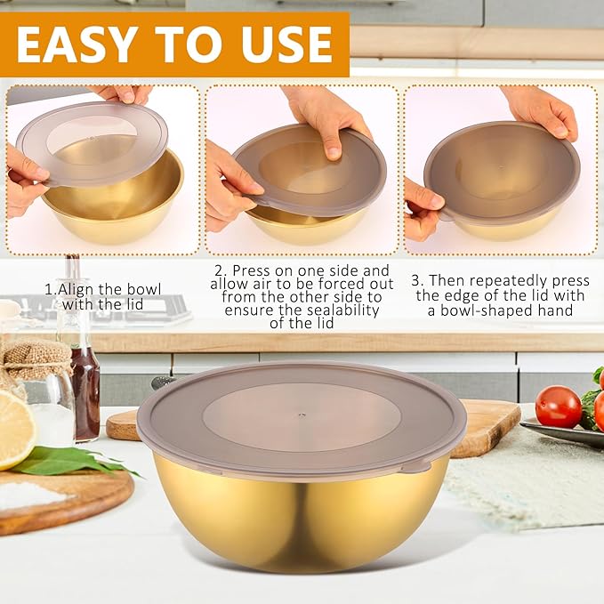 Gold Mixing Bowls with Airtight Lids Stainless Steel Mixing Bowl Set of 3 Metal Nesting Organizers and 1 Colander Non-slip Bottom for Baking Serving Food Size 2.22, 1.27,0.74 QT, Stackable