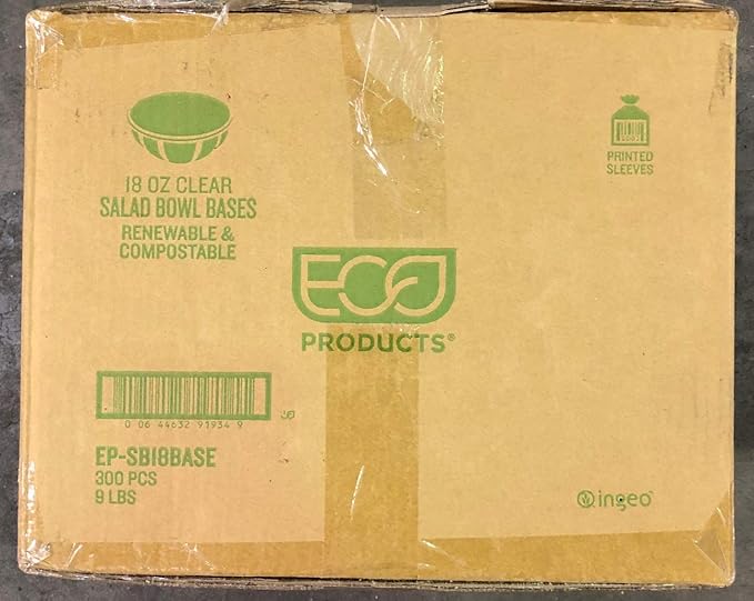 ECO PRODUCTS Compostable 18oz Salad Bowl, Clear PLA Plastic, No Lid, Case of 300, Disposable Round To Go Cold Food Containers, Lids Sold Separately, Renewable PLA Material Made from Plants, ASTM, BPI
