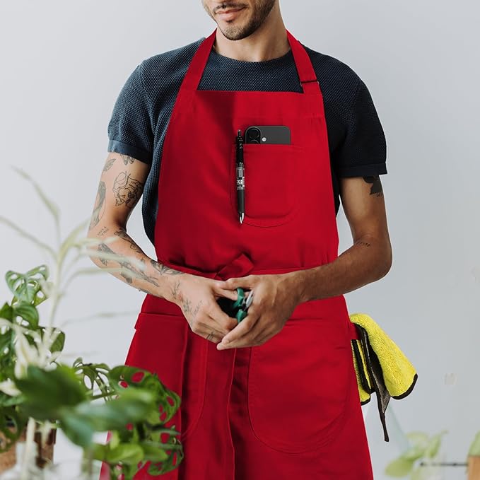 Unisex Apron with Pockets for Cooking, Salon & Art - 100% Cotton Adult Kitchen, Chef, Stylist Apron (Red)