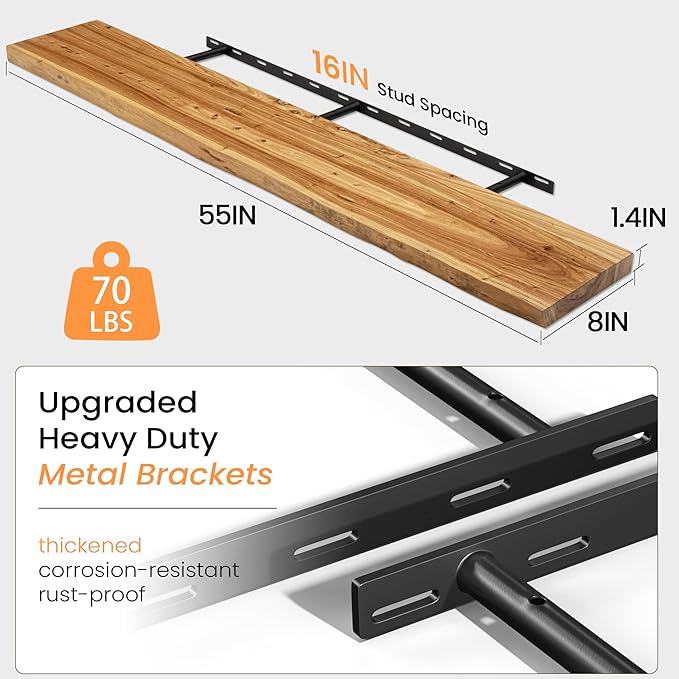 Fun Memories Floating Shelves for Wall Set of 2, Rustic Solid Elm Wood Wall Shelves 24 Inch - Invisible Bracket Mount for Living Room, Bathroom, Bedroom, Kitchen, Natural