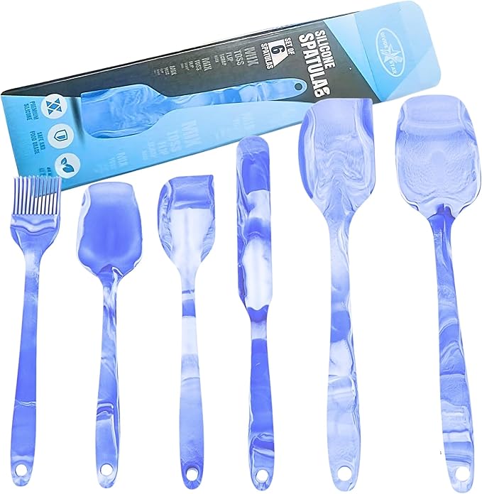 Premium Silicone Marbled Spatula Set of 6 – 446°F Heat-Resistant One-Piece Steel Core, Non-Stick Kitchen Tools for Baking, Cooking & Mixing – Dishwasher Safe (Blue)