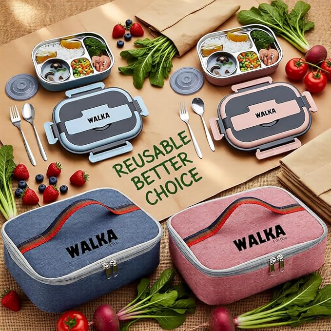 WALKA Lunch Box Stainless Steel, Metal Bento Boxes Leak-Proof, 4 Compartments Bento Lunch Box, Food Storage Containers, Dishwasher Safe with Bag (Pink)