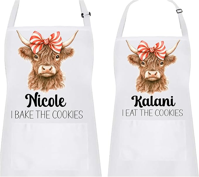 Mommy and Me Highland Cow with Peppermint Swirl Bow Apron Set – Matching Christmas Baking Aprons, Cow Kitchen Gift