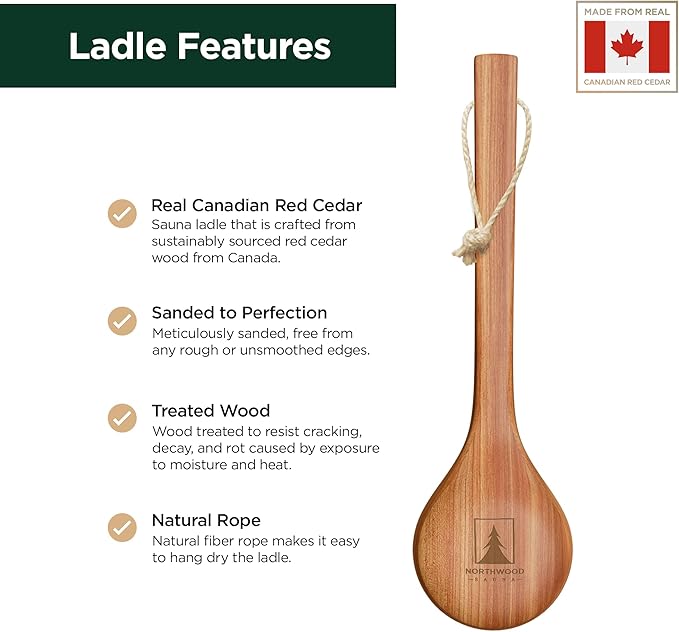 Sauna Ladle - Handmade from Canadian Red Cedar Wood - Natural Rope - 16″ Handle & 5 oz (150 mL) Capacity Spoon