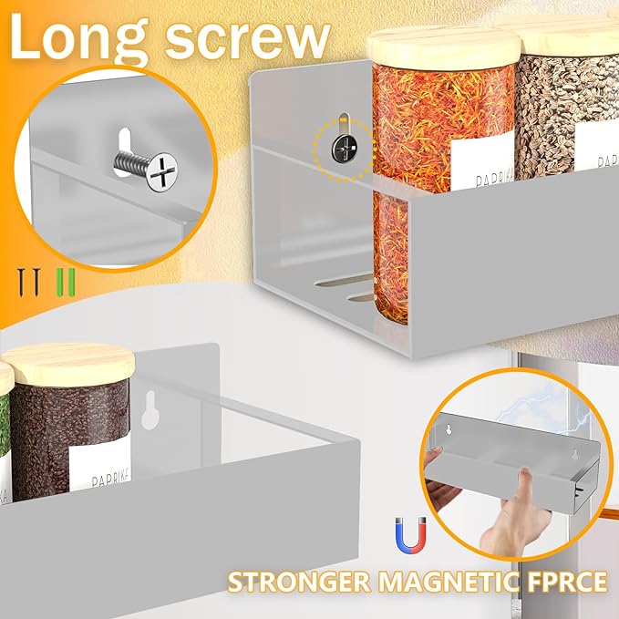 Magnetic Spice Rack Organizer for Fridge Seasoning Organizer for Kitchen storage with Screw Magnetic Shelf with Hook for Refrigerator and Oven (4pack1hook-Grey)