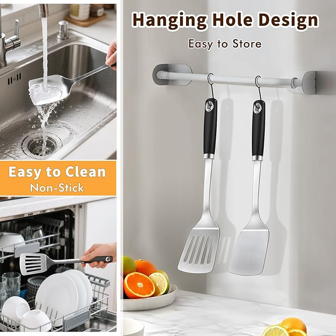 2 Pcs Silicone Stainless Steel Spatulas Set, Metal Spatula Solid & Slotted Turner, Heavy Duty Sturdy Spatula for Kitchen Use, High Heat Resistant Cooking Utensils for Fish Eggs Pancakes, Easy to Clean