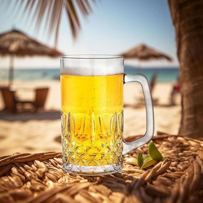 Beer Mug Set of 2, 22oz Crystal Beer Glasses with Handle, Glass Beer Mugs for Freezer, Gifts for Men