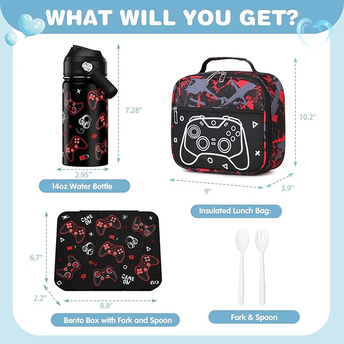 Bevalsa Kids Bento Lunch Box with 6 Compartment, Stainless Steel Metal Water Bottle, Insulated Bag & Utensils, BPA-Free Leakproof Food Container for School Boys Girls, Back To School Gift