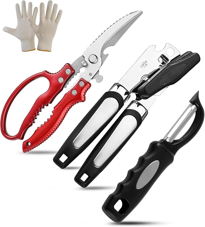 3-piece kitchen set include Kitchen Shears Peeler Can Opener Manual,Heavy Duty Kitchen Scissors for Chicken, Potato Carrot Peelers,Magnet,Stainless Steel,Stainless