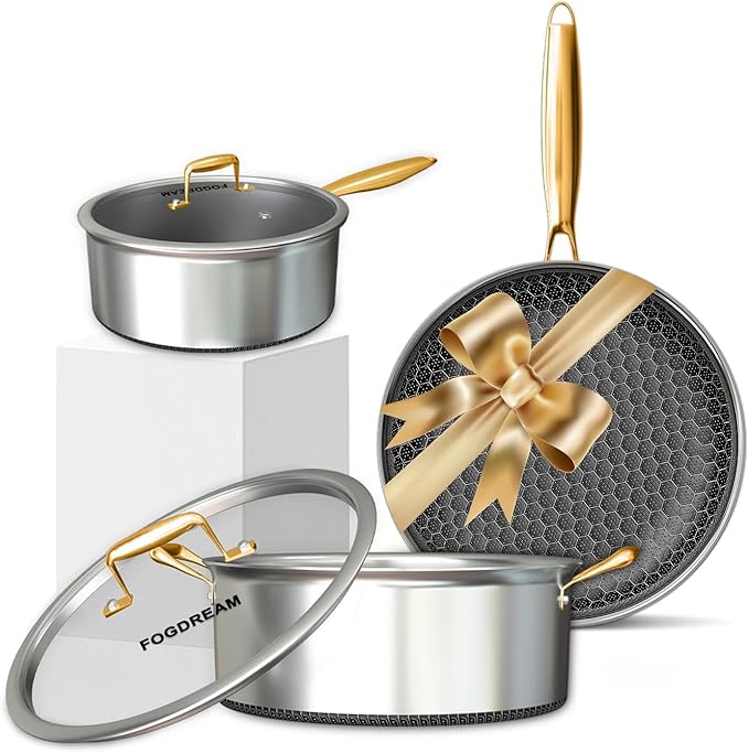 FogDream Stainless Steel Cookware, Tri Ply Pots And Pans Set, Non Stick Frying Pans, Soup Pot & Sauce Pan With Tempered Glass Lids, Cool Handles, Dishwasher Safe, Induction Compatible, Gold