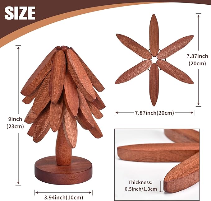 Wooden Trivets for Hot Dishes - Christmas Tree Coasters Set, Tree Shape Trivet With Stand, 4 Pieces + 1 Stand (Walnut Wood, 8.7)