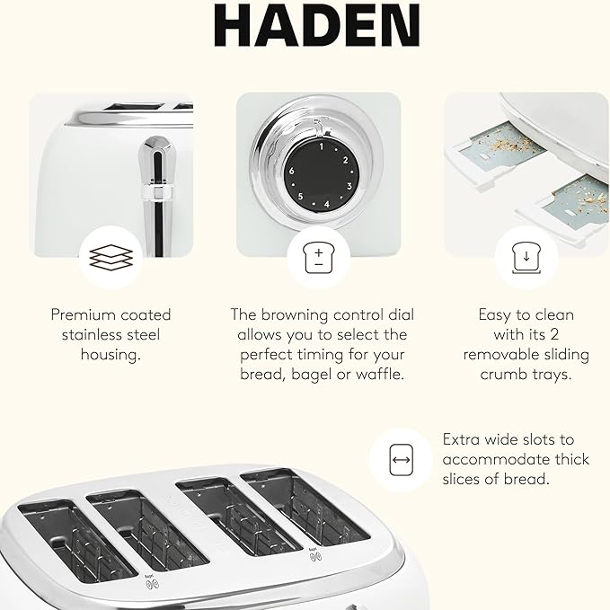 HADEN Heritage Toaster with Extra Wide Slots, 1500-Watt, Ivory & Chrome - Retro Stainless Steel Design with Self-Centering Function, Adjustable Browning Control & Removable Crumb Tray