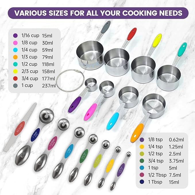 16PCS Magnetic Measuring Spoons and Measuring Cups Set, 7 Double-Sided Spoons& 1 Leveler and 8 Measuring Cups, Multicolor, Stainless Steel, Fits Spice Jars, Large Capacity Measurement